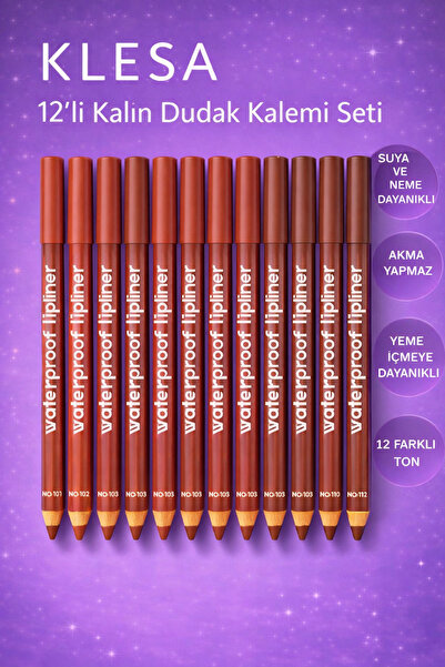 KLESA 12’li Kalın Dudak Kalemi Seti Nude Pembe Kırmızı Tonlar Suya Dayanıklı