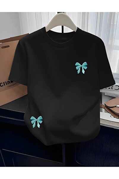 H&GHAMLEGİYİM Decorated Bow Printed Short Sleeve T-Shirt