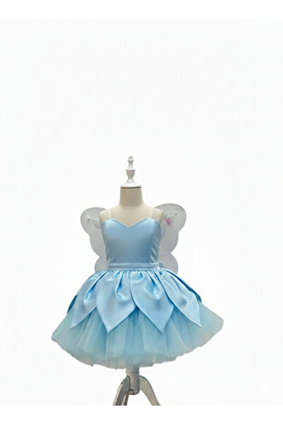 PRİNCESS Kız Çoçuk Mavi Saten Tinker Bell Kostümü,Kız Çoçuk Parti Kostüm, Kan...