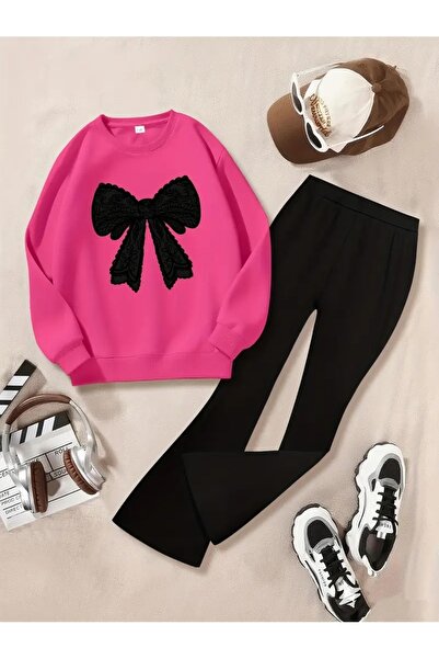 Cans Kız Çocuk Pembe-Siyah Kurdele Baskılı Bisiklet Yaka Sweatshirt-İspanyol ...