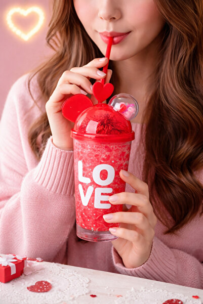 GM Love Kalpli Kapaklı Pipetli Simli Valentine Bardak – Özel Tasarım Hediyeli...