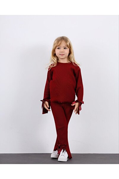 sobekidstore طقم قميص كاشف للصدر مزين بفيونكة للفتيات باللون العنابي