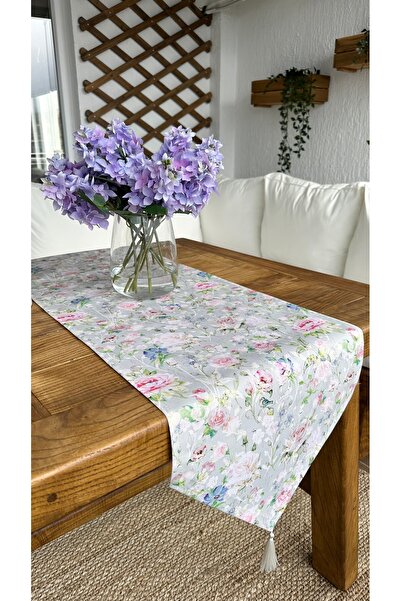 Decamor home Beige Bird Flower Patterned Runner with Corner Tassel Detail