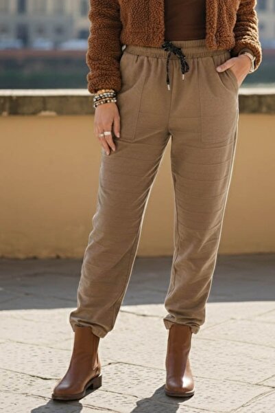 Chiccy Camel Pocketed Elastic and Tie-Waist Jogger Casual Velvet Woven Trouse...