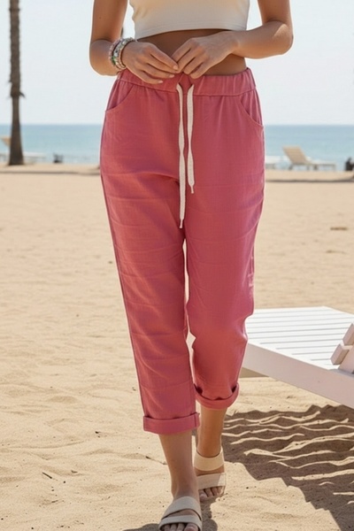 Chiccy Pantaloni casual din țesătură, cu buzunare roz, lavabili, elastici și ...