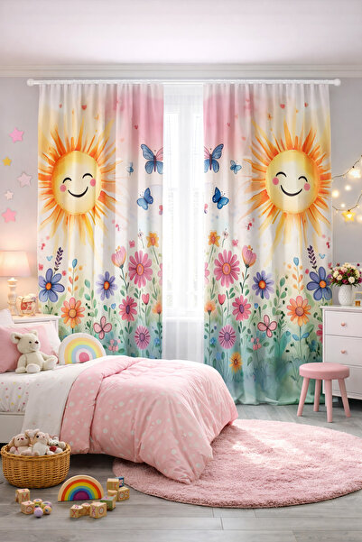 HOMESSA Bebek Çocuk Odası Çift Kanatlı Fon Perde Gülen Güneş Çiçek ve Kelebek...