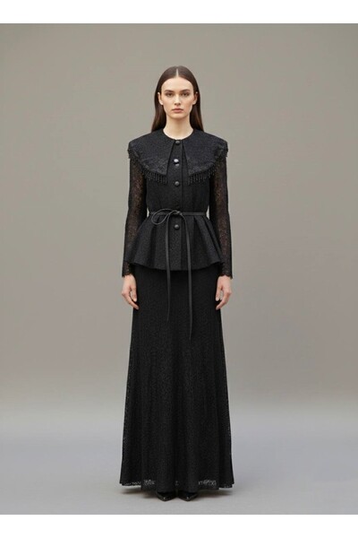 Rabiossa Kadın Güpür Detaylı Bebek Yaka Peplum gömlek ve Etek Takımı