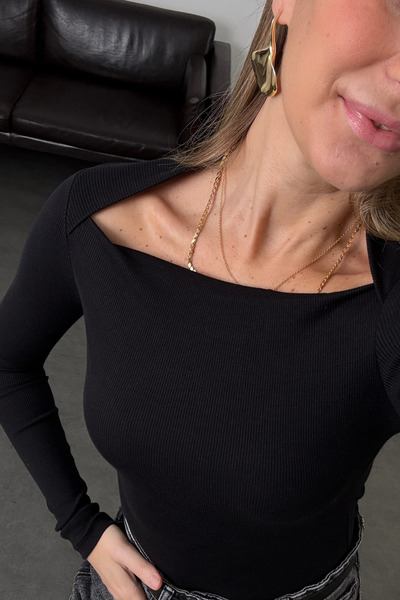 5in1Canpolat Bluză neagră cu mâneci lungi și șnur 17433