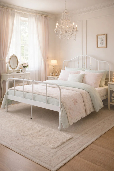 MARIA HOMES Modern White Metal Bed Frame 140x200 cm Durable Iron Structure wi...