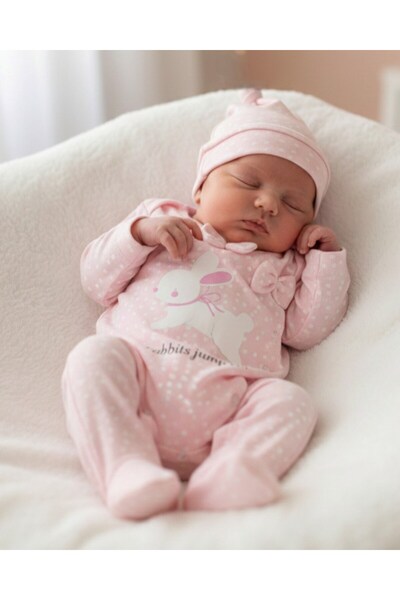 Ege Bebek Kız Bebek Yeni Doğan 0-3 / 3-6 Aylık Şapkalı Tavşan Baskılı Mevsiml...