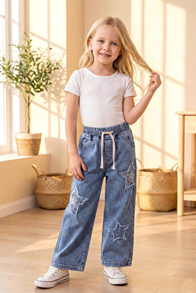 Babymod Pantaloni din denim pentru fete, cu talie elastică, detaliu stea și c...