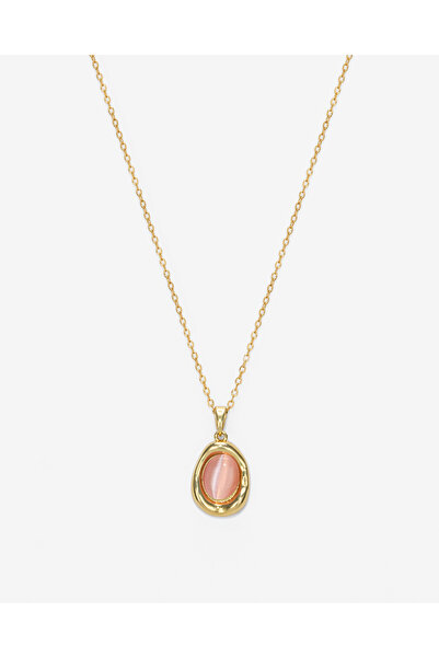 TARZ-I TAKI Steel Gold Chain Pink Cat's Eye Natural Stone Women's Necklace