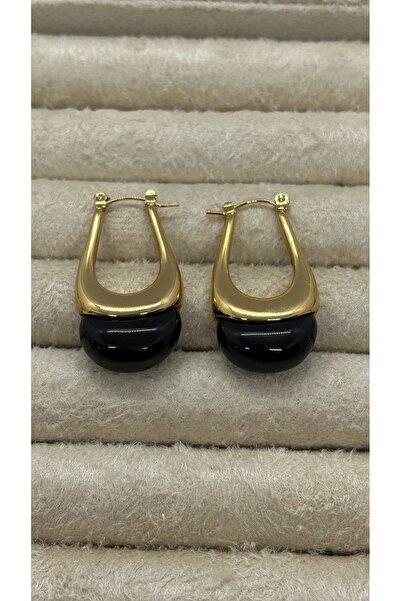 Store Gold Çerçeveli Çelik Siyah Damla Model Küpe