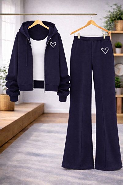 Kids Kalp Baskılı Lacivert 3'lü Takım