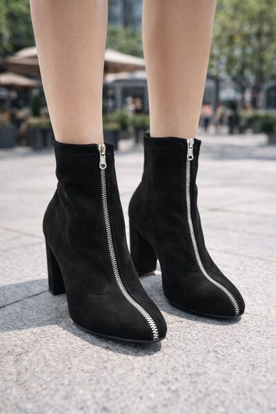 Daloğlu Black Suede Front Zipper Heeled Women's Boots