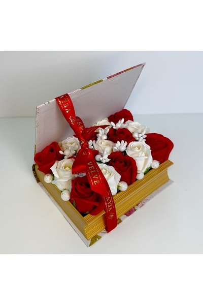 velve Aranjament floral cu 15 trandafiri din săpun, în cutie tip carte, Rosu-Alb