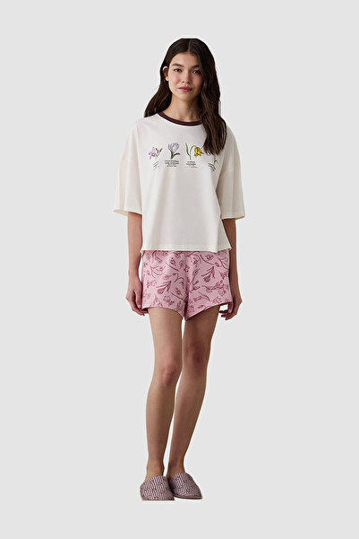 Penti Steppe Tulip Floral Printed Cotton Crew Neck Short Sleeve Pajama Set wi...