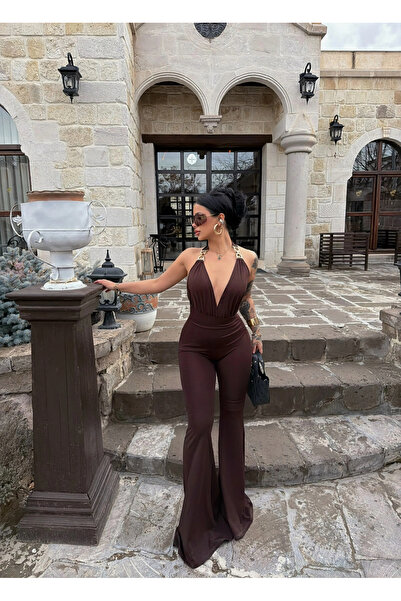 kırmızı butiks Kahve Aksesuar Askılı Tulum