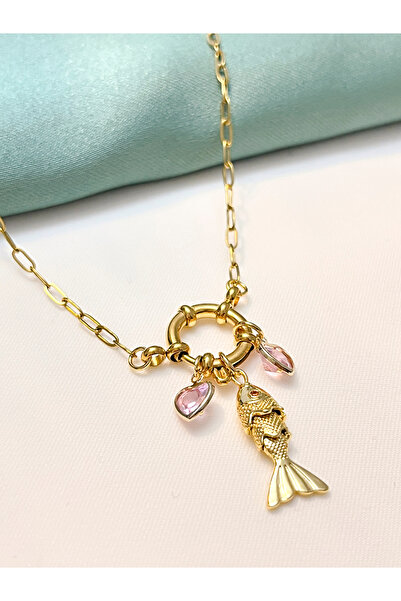 Berilya Aksesuar Love & Blessings Steel Gold Necklace with Moving Fish Figure...