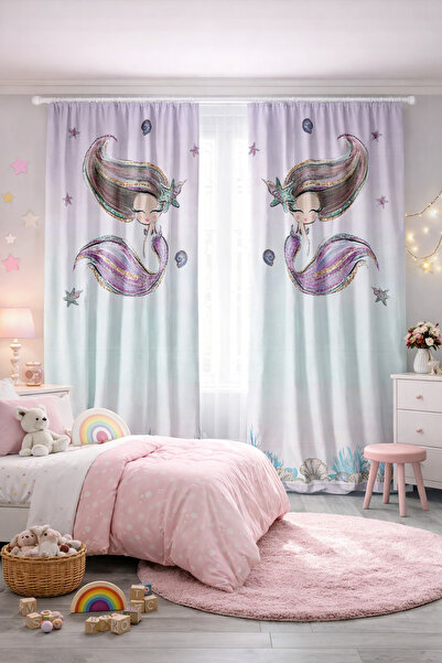 HOMESSA Kız Çocuk Odası Çift Kanatlı Fon Perde Deniz Kızı Desenli