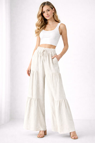 SheLoria Women's White Elastic Waist Lace-Up Wide-Leg Linen Trousers