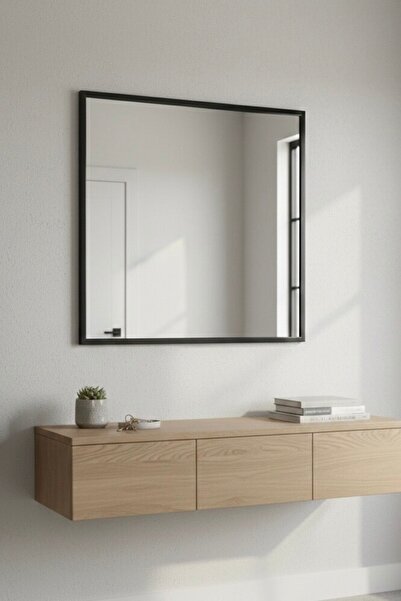 Ahzen Cam Modern Siyah Kare Duvar Aynası Metal Çerçeveli 50x50