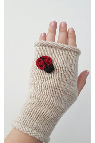 Didora Kadın Krem Rengi El Örgüsü Uğur Böceği Detaylı Parmaksız Eldiven