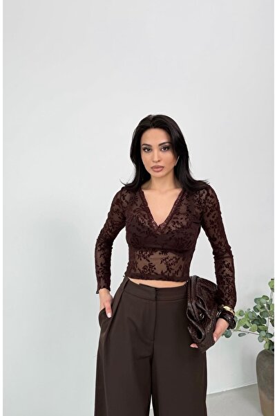 DAME Women's V-Neck Flock Printed Crop Blouse with Lace Details