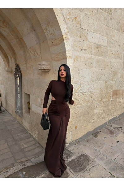 kırmızı butiks Kahve Yan Pencereli Balık Sırtı Elbise