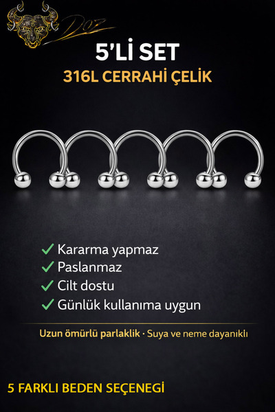 depozoom 316L Cerrahı Çelik 5'li set Halka Dudak Burun Kulak Kıkırdak Piercing