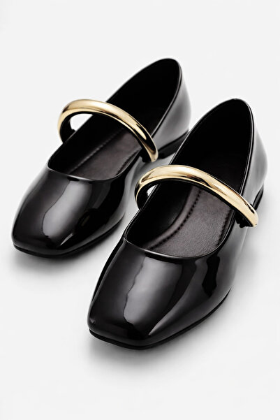 StWenn Black Patent Leather Women's Black Patent Leather Ballerinas with Gold...