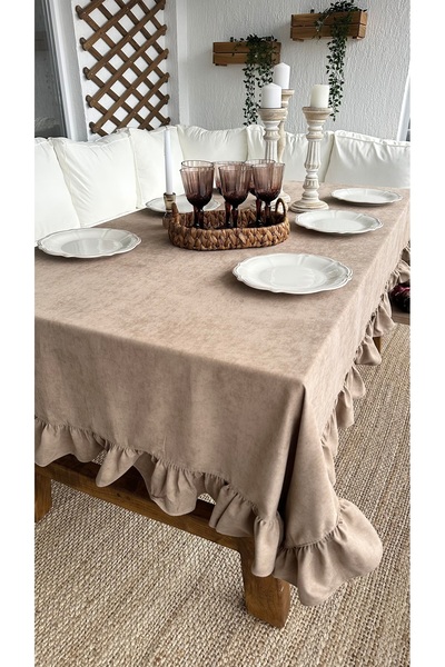 Decamor home Velvet Textured Ruffled Milk Brown Tablecloth