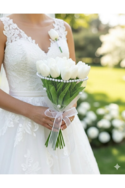 mtemin Islak Lale Buket’i Yaka Çiçeği 11 Adet Sararmaz İnci BUKET İNCİ LALE