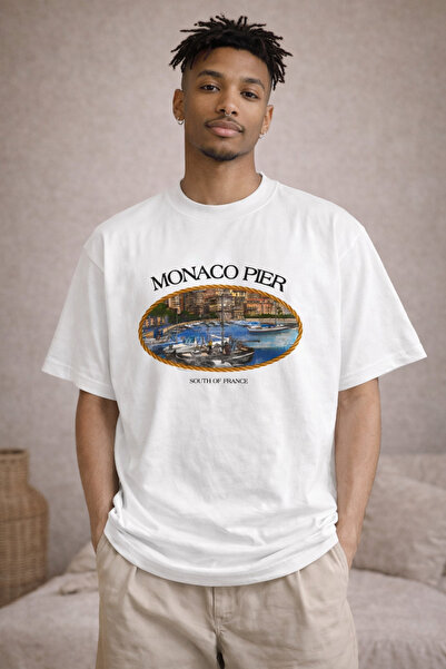 CAMBLYS تي شيرت قطني فضفاض مطبوع من الأمام من موناكو للجنسين مصنوع من قماش سميك