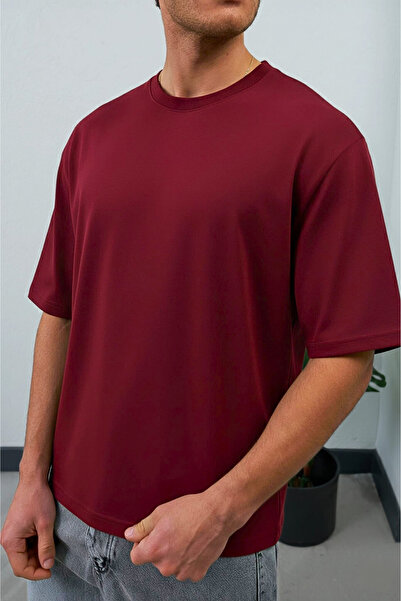 Wonraces Men's Red Oversize Crew Neck 2 Thread Cotton Basic T-Shirt