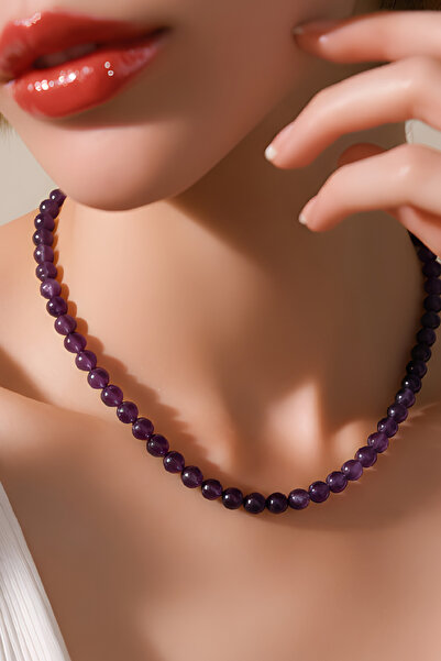 NBS Beautiful Naturel Stones Kadın Gerçek Ametist Kolye 8 mm ( Gümüş Kaplama ...