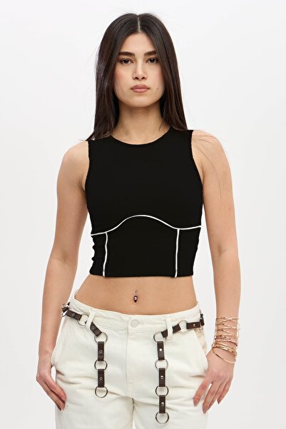 subr White Striped Patterned Stretchy Crop Top