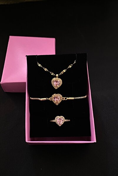 KOBA 3 Lü Çelik Kalpli Kolye Kalpli Yüzük Kalpli Bileklik Seti 14 Şubat Sevgi...