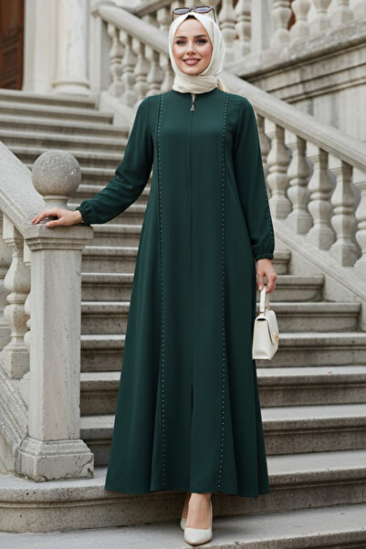 N.S NEVA STYLE Zippered Emerald Green Hijab Abaya 45317Zy