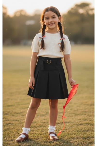 ADA YILDIZ KİDS تنورة مطوية باللون الأسود مع حزام للفتيات من 6/10 سنوات