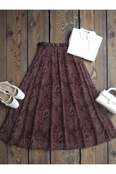 ŞAHİN TESETTÜR GİYİM ETNİK DESEN DERİ KEMERLİ BELİ LASTİKLİ ASTARLI ŞİFON ETE...