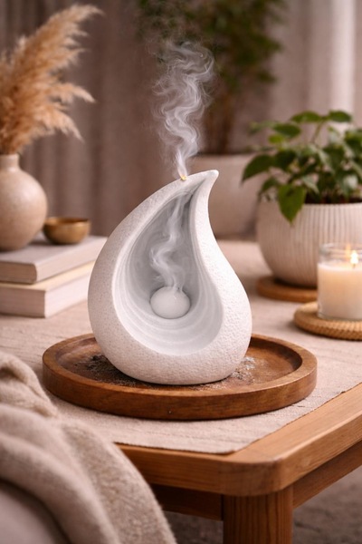 Lithora Şelale Duman Efektli Seramik Tütsülük Geri Akış Tütsü Standı Beyaz