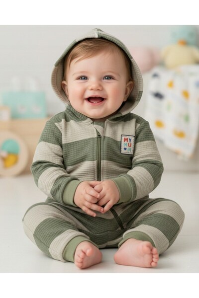 Ege Bebek Erkek Bebek Çizgili Kapüşonlu Fermuarlı 6-9-12-18 Aylık Bebek Tulum...