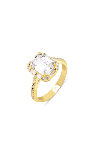 KLAZOJEWELRY 925 Ayar Gümüş Üzeri 18 Ayar Altın Kaplama Baget Tektaş Yüzük