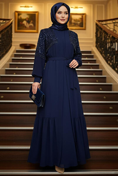 N.S NEVA STYLE Beaded Detailed Navy Blue Hijab Evening Dress 48201L