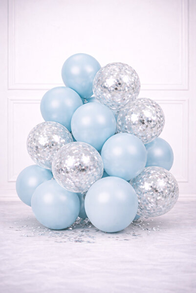 GOLDCENTER 5’li Pastel Açık Mavi ve Şeffaf Balon Seti – İçi Gümüş Pullu, Şık ...