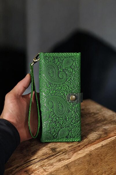 MAT Deri Green Genuine Leather Phone Wallet Handmade Long Wallet with Wrist S...