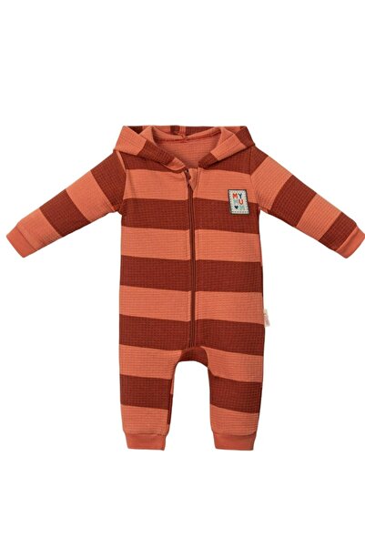 VOY KİDS Baby Boy Striped Hooded Zippered 6-9-12-18 Months Baby Romper, Waffl...