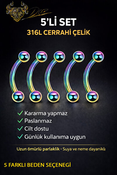 depozoom 316L Cerrahı Çelik 5'li set Halka Dudak Burun Kulak Kıkırdak Piercing