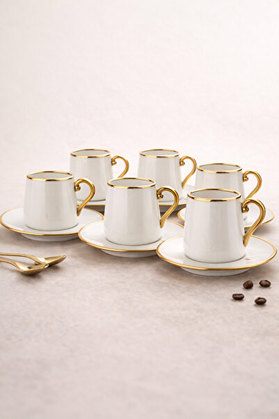 welcomein 6 Kişilik 12 Parça Gold Detaylı Porselen Türk Kahvesi Fincan Takımı...